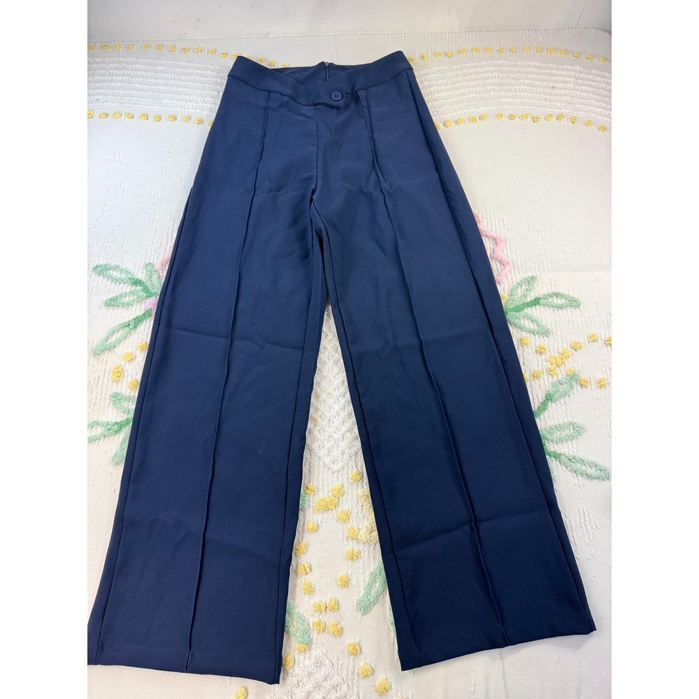 SHEIN Wide Leg Pants Navy Blue High Waisted Button Detail Pleated Culottes L - Picture 1 of 8